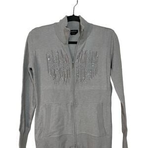 Bebe Bejeweled Grey Full Zip Up Sweatshirt y2k Large Embellished Paris Hilton